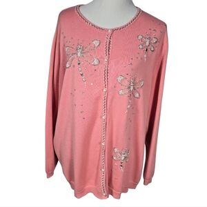 Bob Mackie 2X Pink Embellished Beaded Dragonfly Women's Cardigan Sweater AS IS